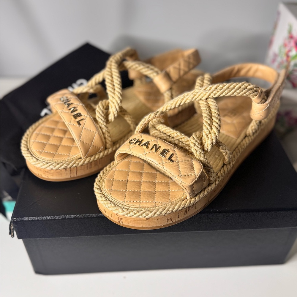 Chanel Cord Lambskin Quilted Logo Sandals in beige Sz41